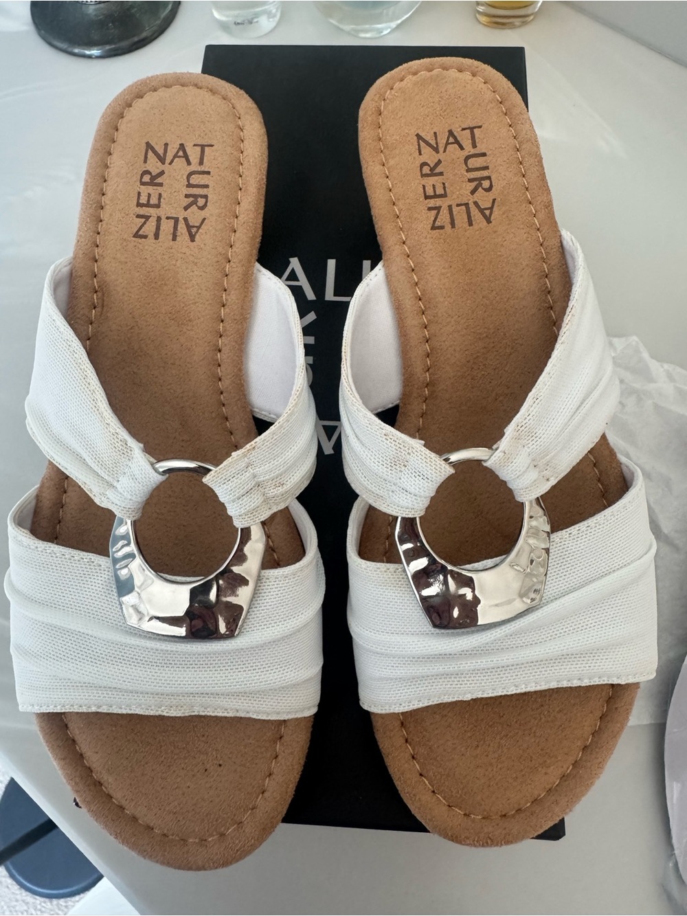 Naturalizer White Slide Sandals with Hammered Silver Ring